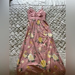Pink floral spaghetti strap halter maxi dress with crochet bust detail size M